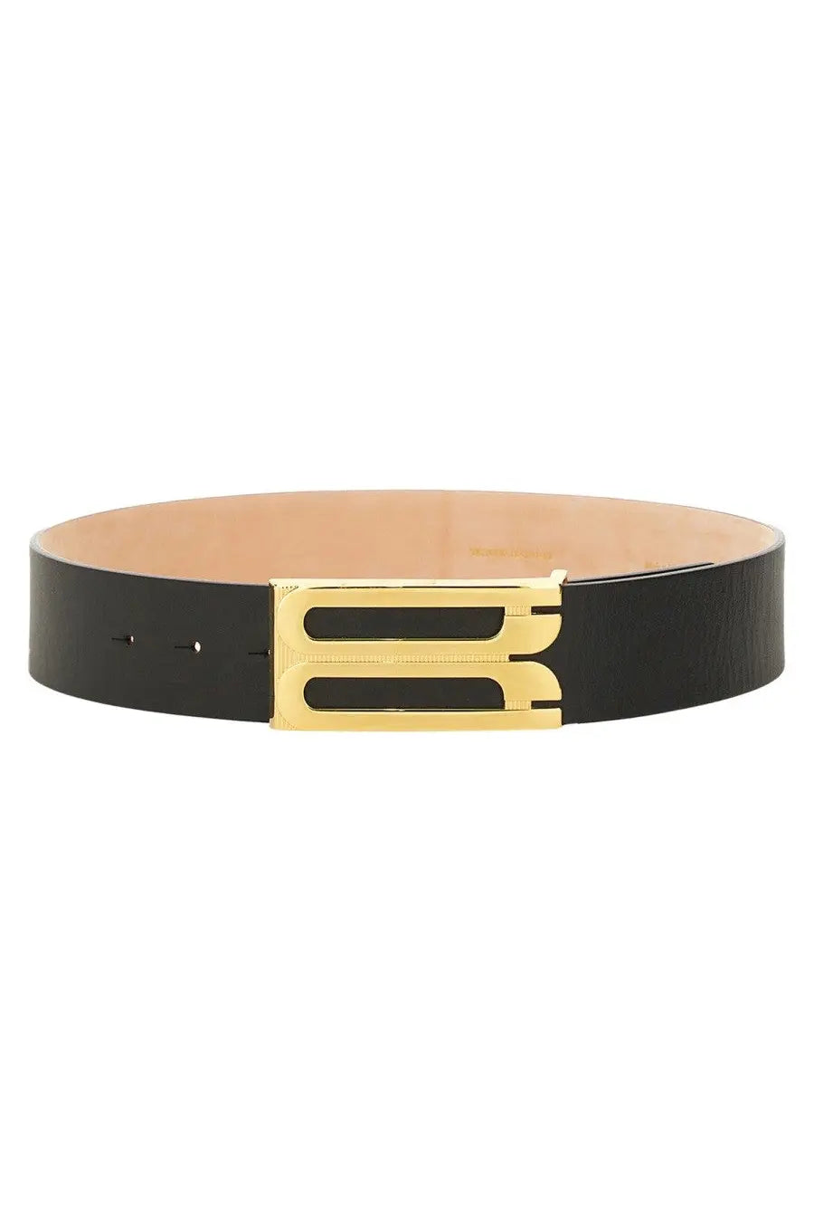 Victoria Beckham women’s black leather jumbo frame belt with gold-tone rectangular buckle and three horizontal slots