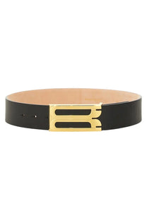 Victoria Beckham women’s black leather jumbo frame belt with gold-tone rectangular buckle and three horizontal slots