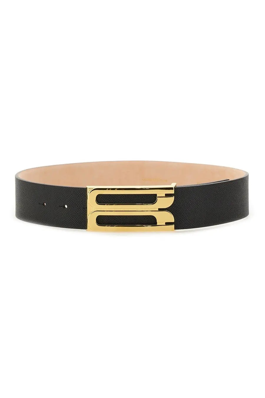 Black leather Victoria Beckham women’s jumbo frame belt with sleek gold-tone rectangular buckle and embossed logo design