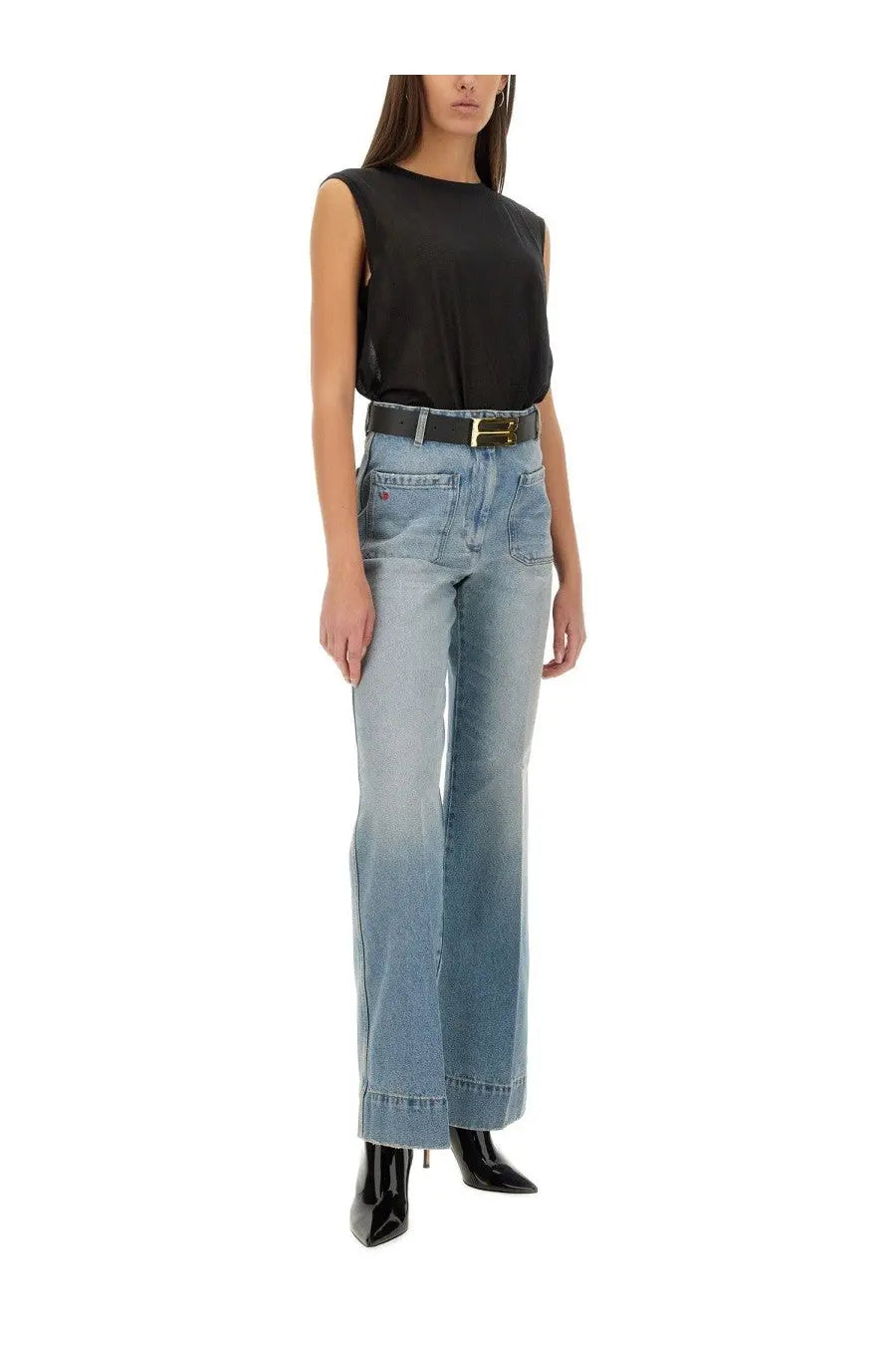 Light-wash denim high-rise wide-leg jeans with a black Victoria Beckham jumbo frame belt and gold-tone buckle