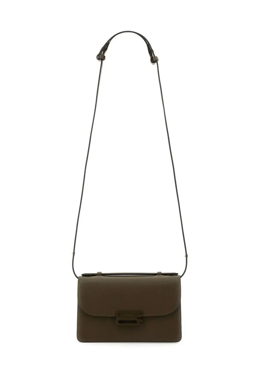Victoria Beckham women’s mini Dorian bag in olive green leather with minimalist rectangular design and black adjustable strap