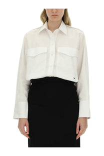 Victoria Beckham women’s oversize white cropped button-up shirt with two front patch pockets and subtle logo