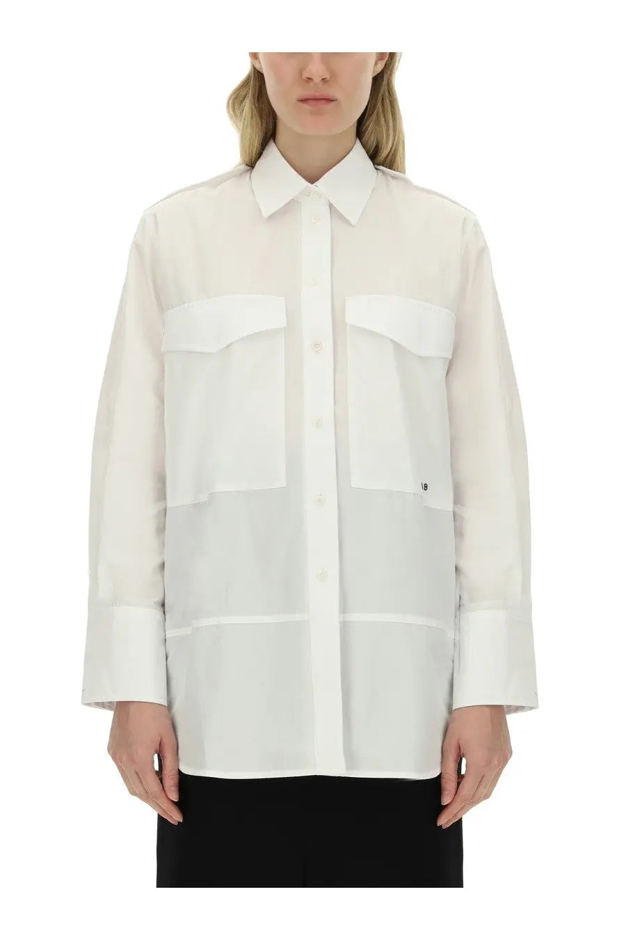 White sheer blouse by victoria beckham featuring a classic collar button-down front and two large chest patch pockets
