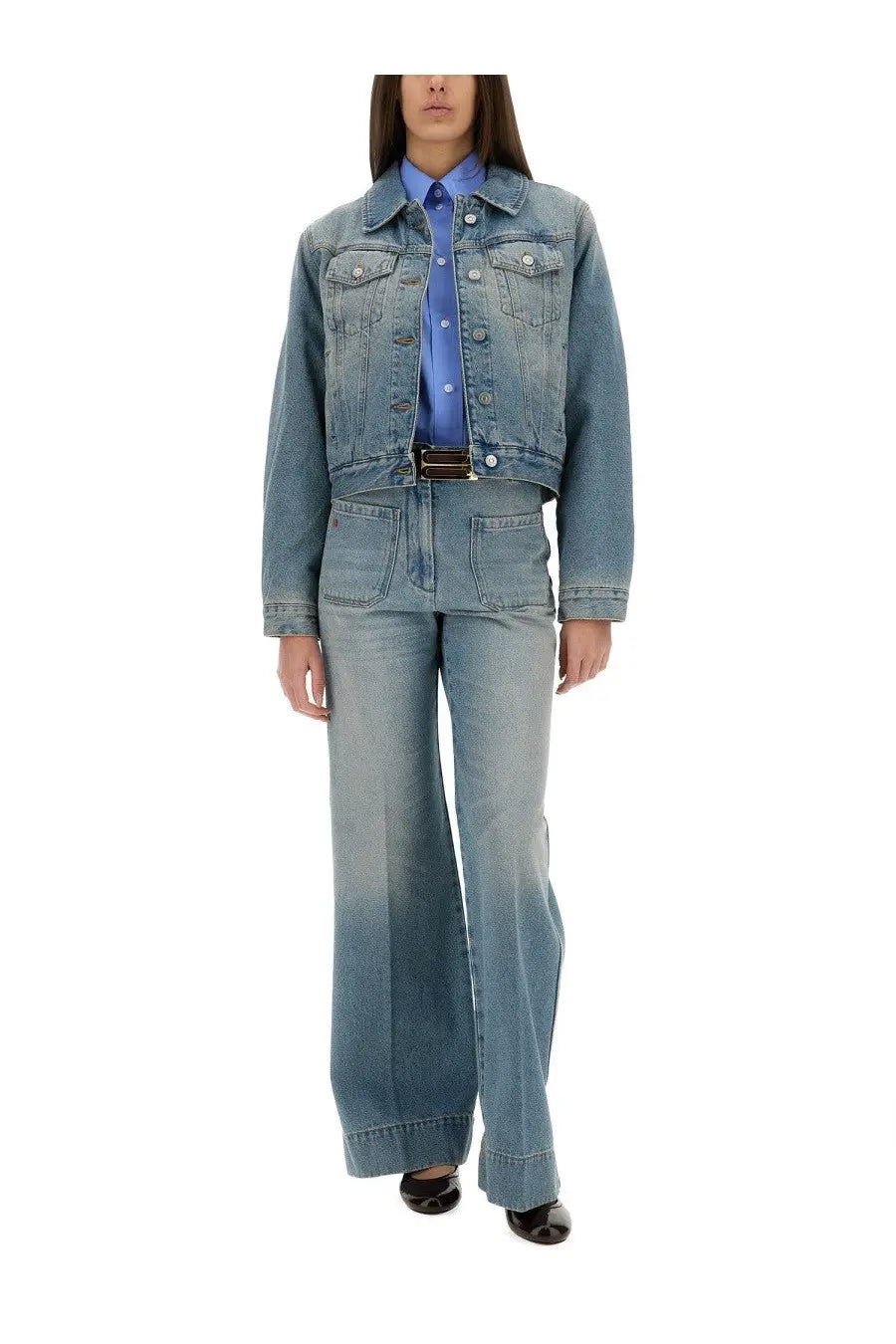 Victoria Beckham women’s light-wash padded denim jacket in blue with classic button closures and flap pockets