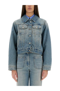 Victoria Beckham women’s blue padded denim jacket with classic collar button closures and two front chest pockets