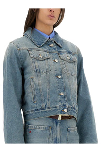 Victoria Beckham women’s padded light-wash denim jacket with classic button-front design and silver-toned buttons