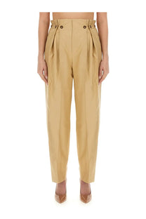Victoria Beckham women’s beige high-waisted trousers with pleated front and button waistband details