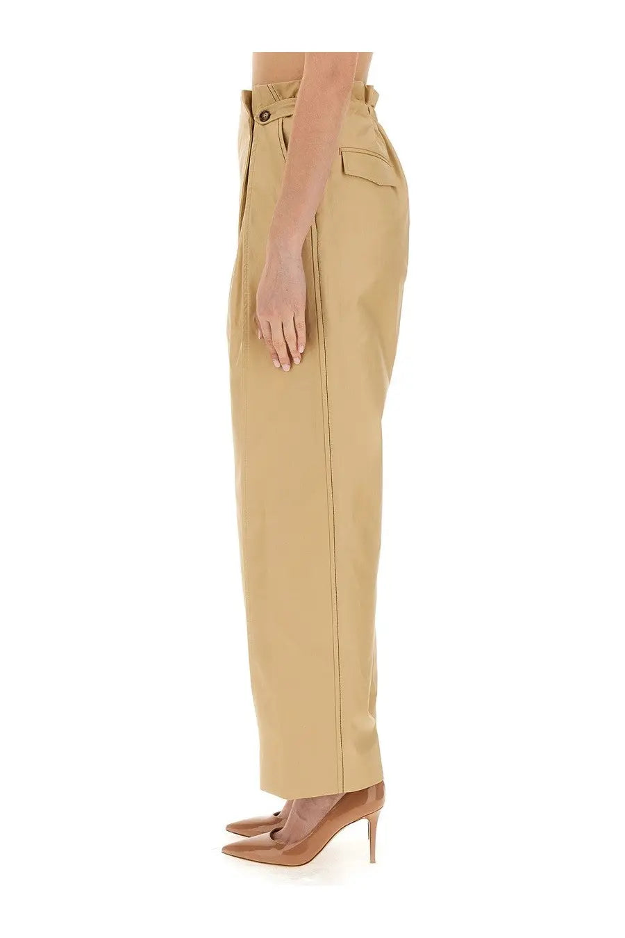 Victoria Beckham women’s beige high-waisted trousers with gathered waist button closure and side pockets