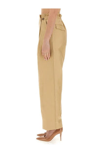 Victoria Beckham women’s beige high-waisted trousers with gathered waist button closure and side pockets