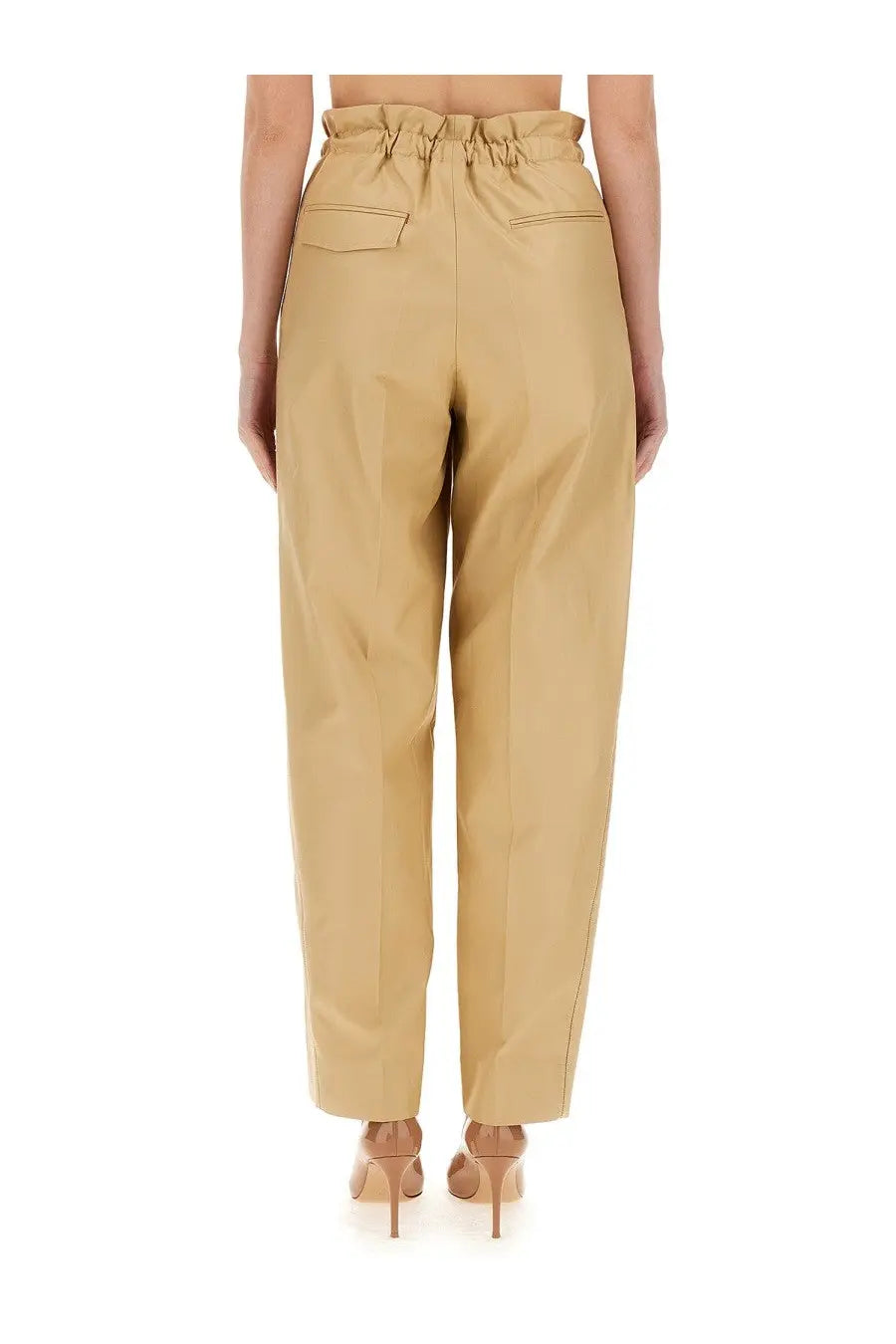 Beige high-waisted victoria beckham women’s pants with gathered drawstring waistband and two front pockets