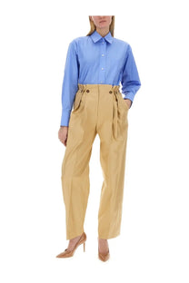 Victoria Beckham women’s beige high-waisted pleated trousers with structured fit and buttoned waistband details