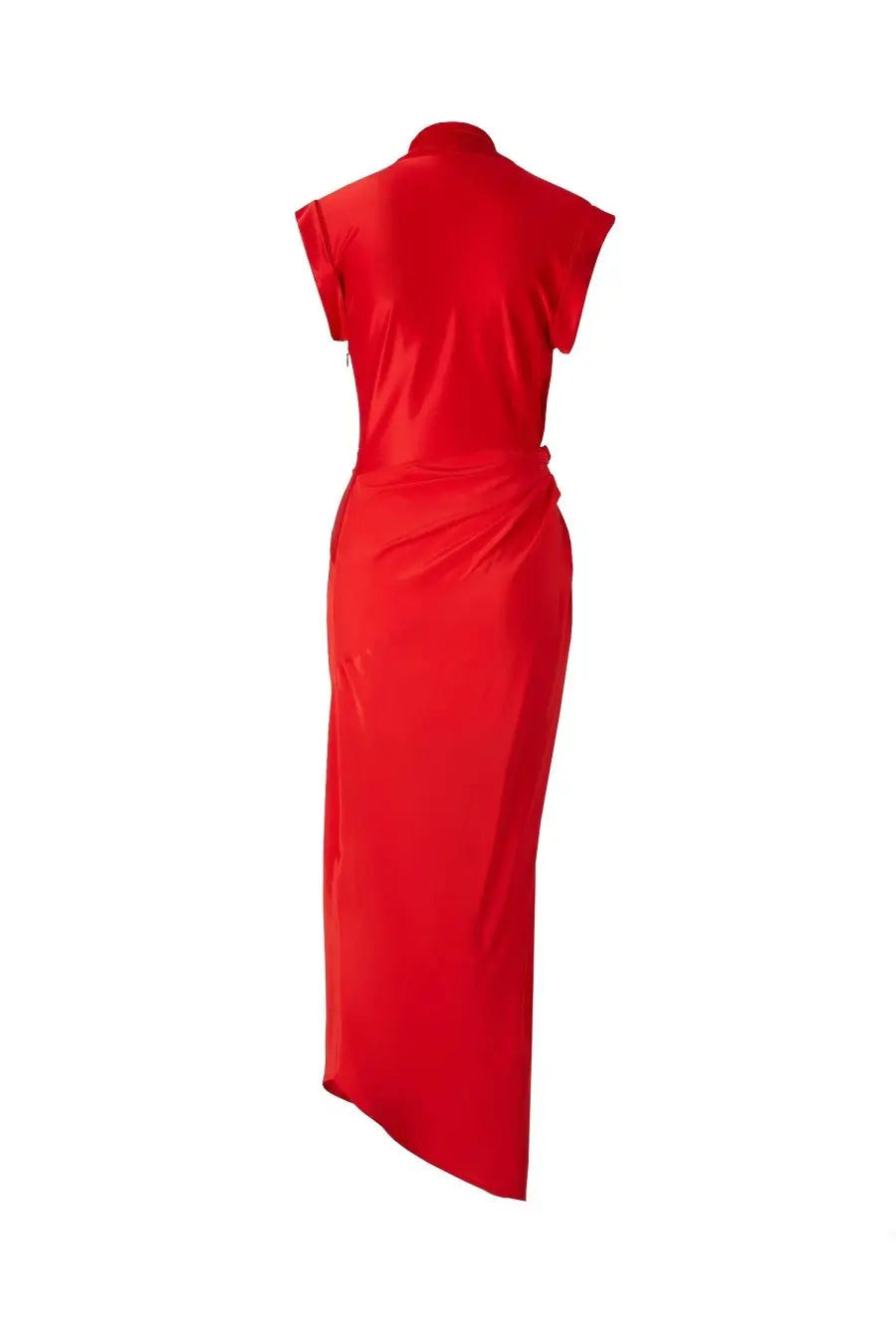 Victoria Beckham women’s silk long dress in vibrant red satin with high collar and short sleeves midi style