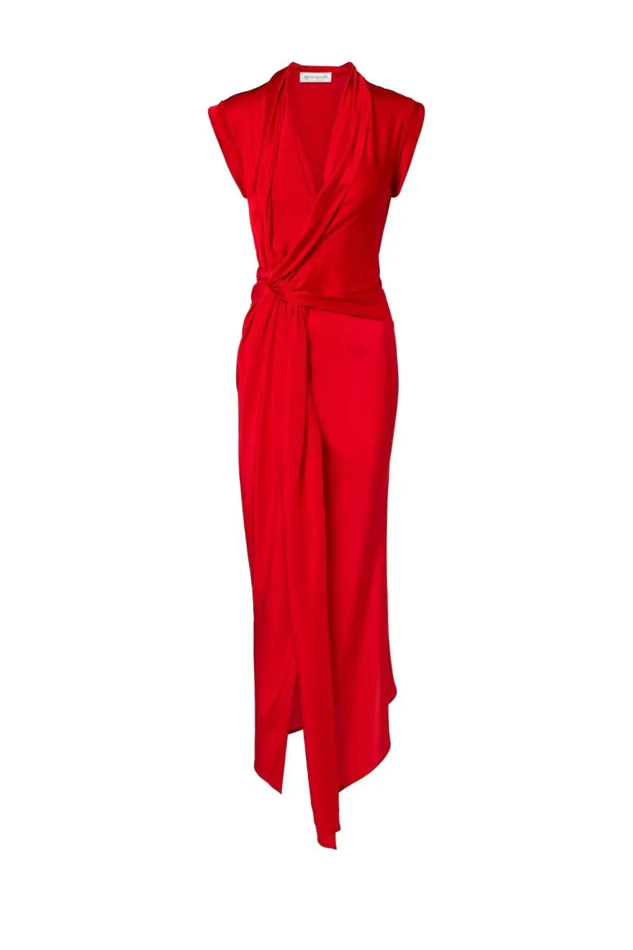Victoria Beckham women’s silk long dress in vibrant red with sleeveless wrap design draped waist and asymmetrical hemline