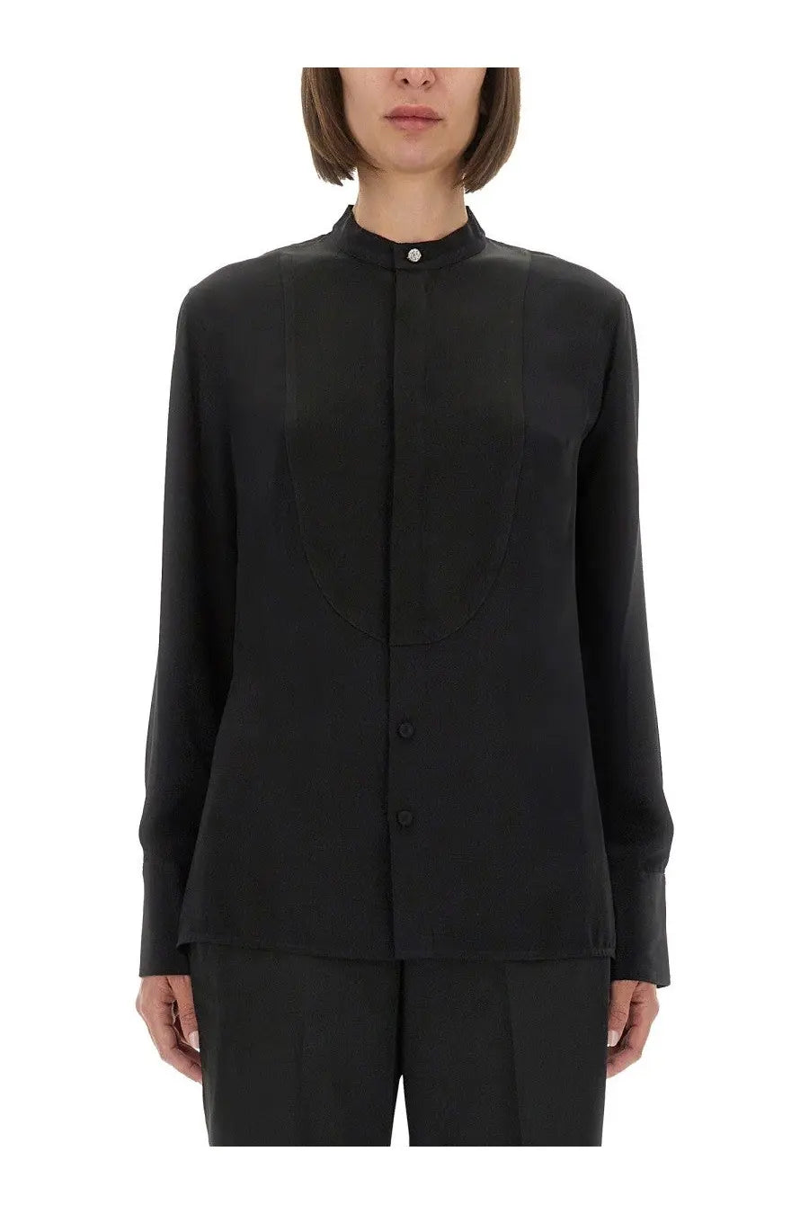 Black silk blouse by victoria beckham with mandarin collar and subtle front pleating for women