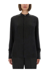 Black silk blouse by victoria beckham with mandarin collar and subtle front pleating for women