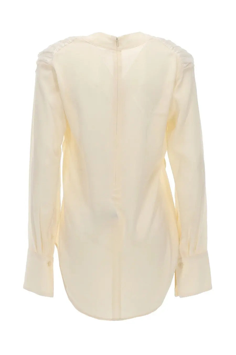 Cream-colored silk long-sleeved blouse with ruched shoulders and central back zipper by Victoria Beckham visible from back side
