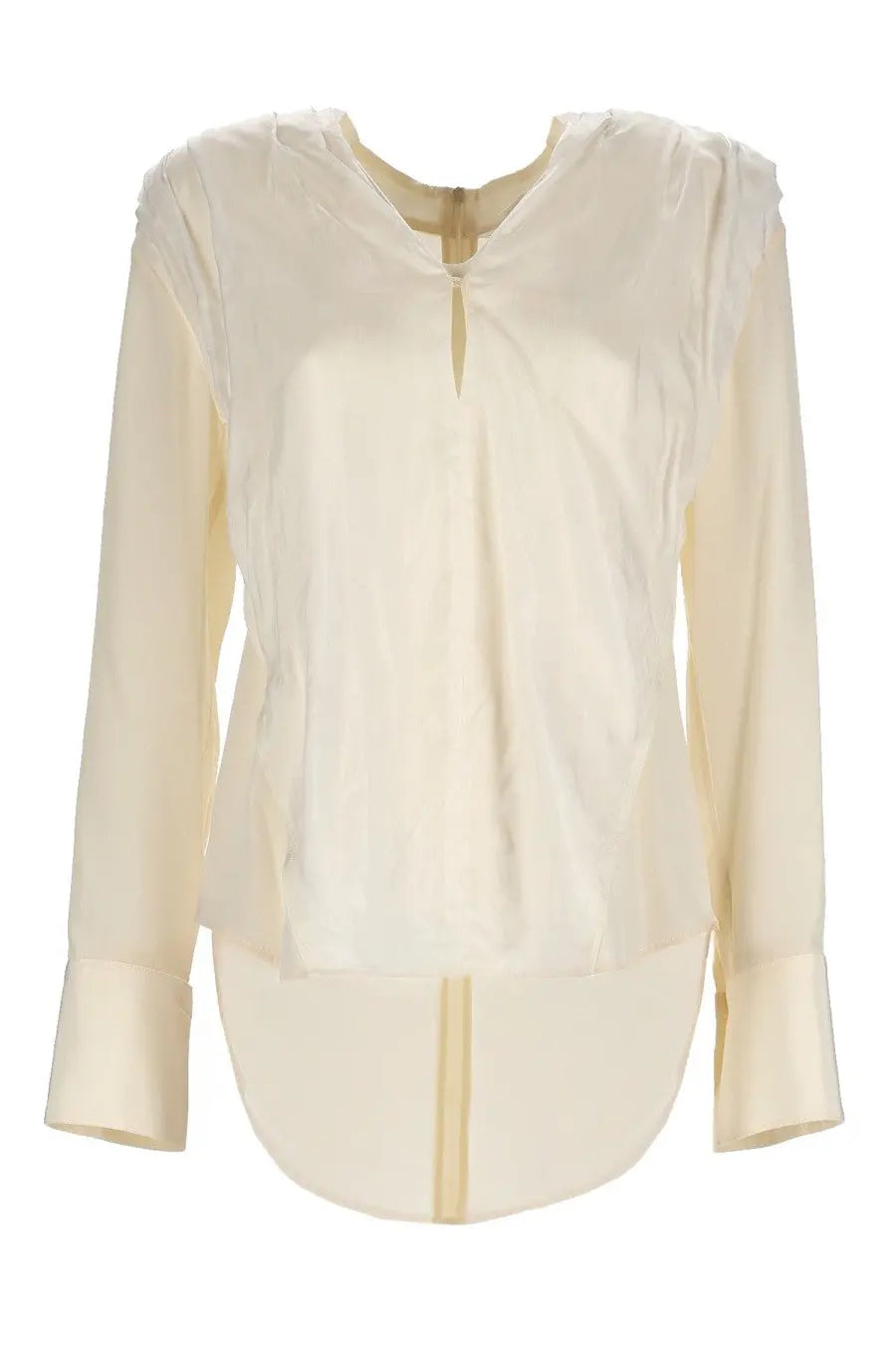 Cream-colored satin blouse with high-low hem and subtle shoulder pleating from victoria beckham silk top white collection