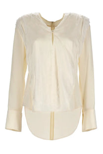 Cream-colored satin blouse with high-low hem and subtle shoulder pleating from victoria beckham silk top white collection