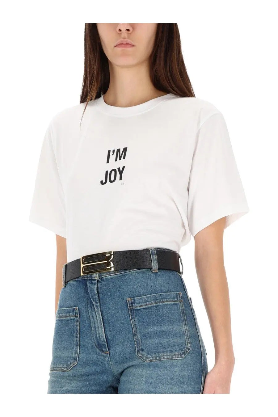 Victoria Beckham women’s white cotton t-shirt with black im joy slogan printed on the chest