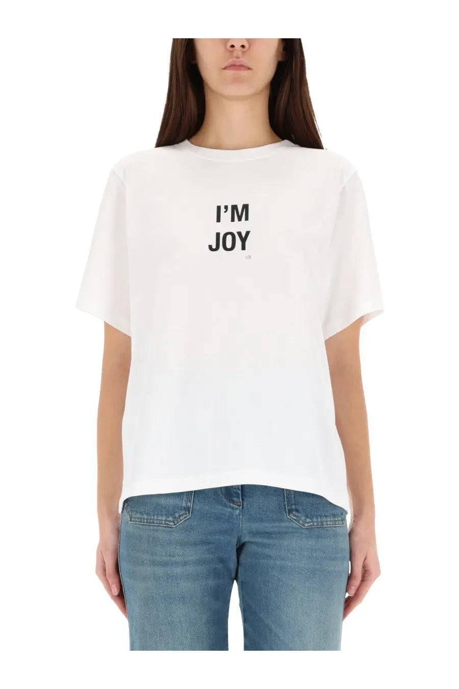White cotton Victoria Beckham women’s t-shirt with black im joy slogan printed on the chest