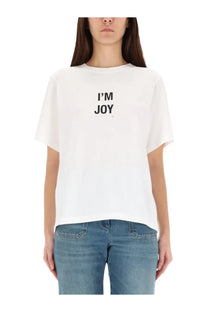 White cotton Victoria Beckham women’s t-shirt with black im joy slogan printed on the chest