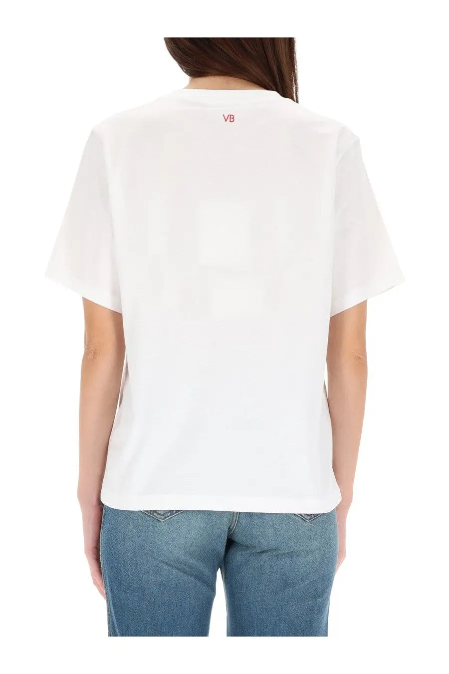 White cotton t-shirt with a small red vb logo at the neckline from Victoria Beckham women’s slogan shirt white collection