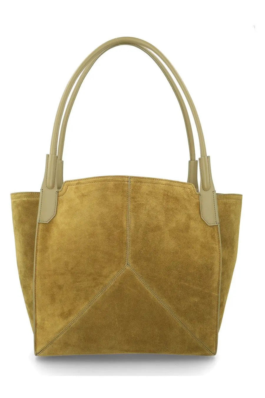 A mustard-yellow suede tote bag with light beige handles and stitching from victoria beckham women’s collection