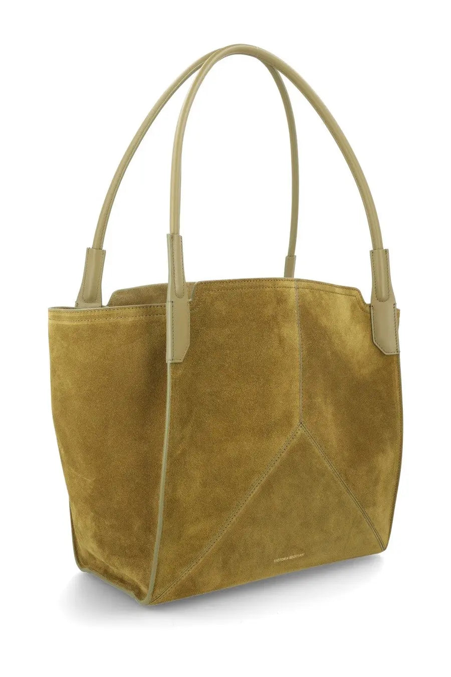 Victoria Beckham women’s victoria small tote bag in mustard yellow suede with beige leather handles and trim