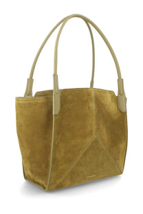 Victoria Beckham women’s victoria small tote bag in mustard yellow suede with beige leather handles and trim