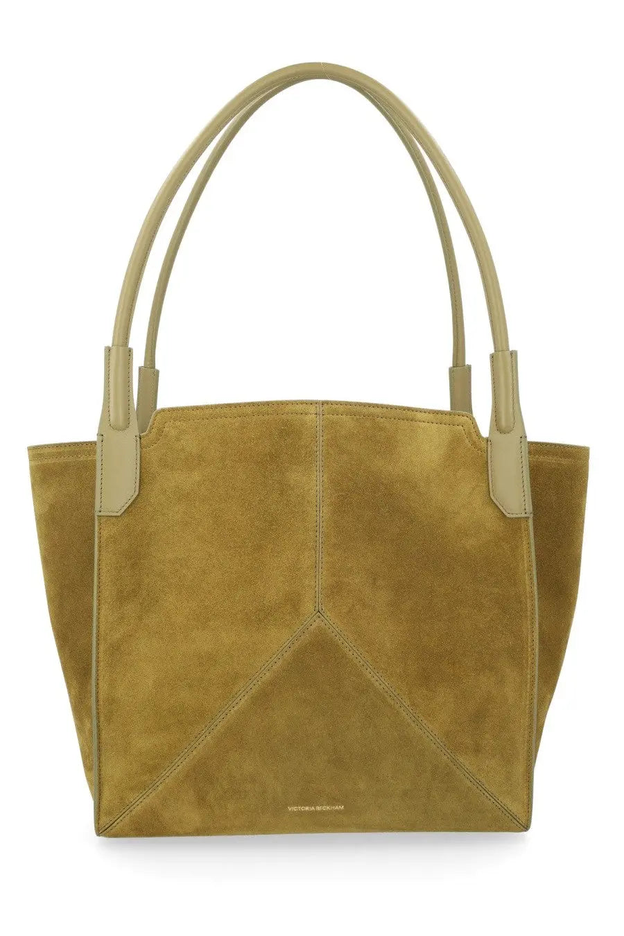 A mustard-yellow suede tote bag with contrasting light beige leather handles and trim by victoria beckham