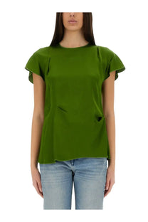 Olive green short-sleeved blouse with ruffled sleeves and peplum hem from victoria beckham womens tops collection