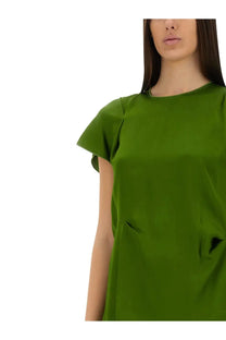 Victoria Beckham women’s olive green short-sleeved dress with pleated shoulder detail and side pockets