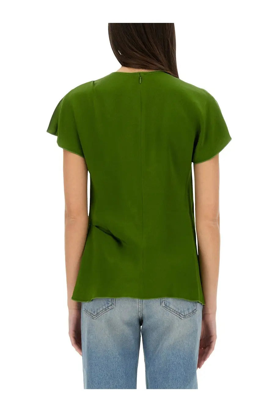 A vibrant olive green Victoria Beckham women’s short-sleeved blouse with peplum hem and ruffle shoulder details