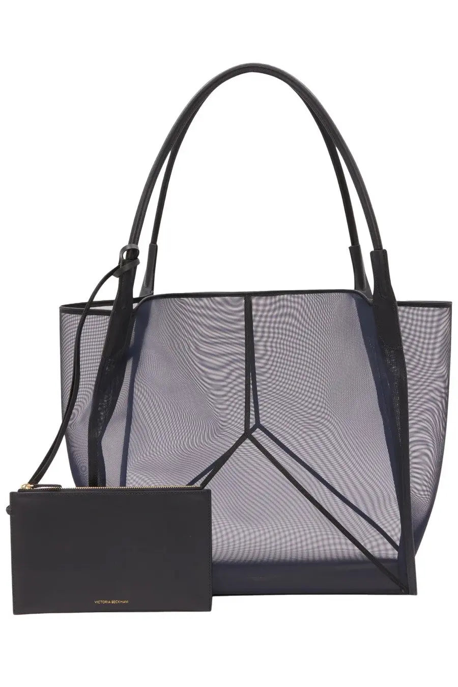 Victoria Beckham women’s Victoria tote bag blue featuring a black mesh tote with geometric lines and matching leather handles