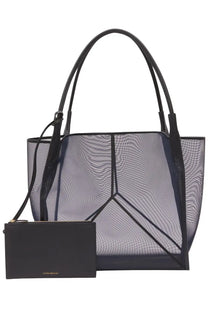 Victoria Beckham women’s Victoria tote bag blue featuring a black mesh tote with geometric lines and matching leather handles