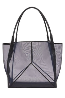 Victoria Beckham women’s Victoria tote bag in blue mesh with structured triangular panels and curved handles