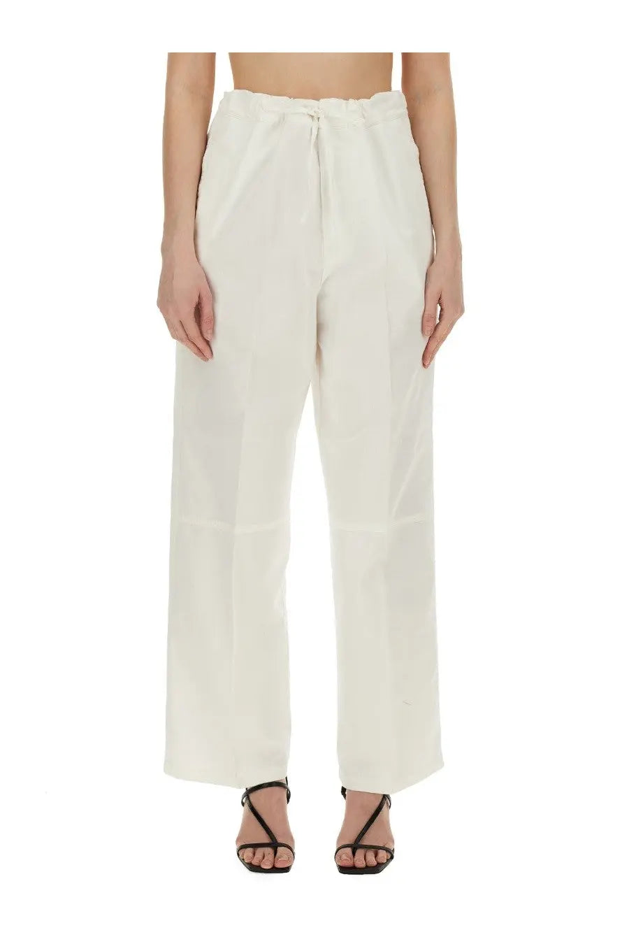 Cream-colored victoria beckham women’s high-waisted wide-leg trousers with a drawstring waistband