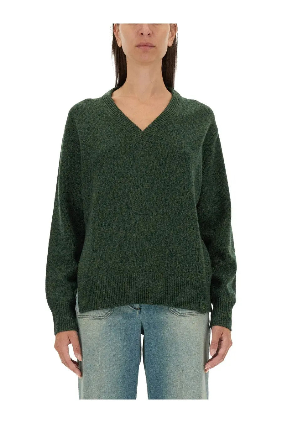 Victoria Beckham women’s wool jersey green dark green v-neck sweater with soft textured knit and ribbed cuffs