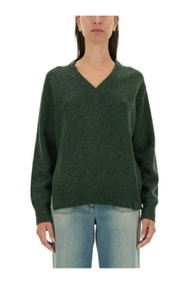 Victoria Beckham women’s wool jersey green dark green v-neck sweater with soft textured knit and ribbed cuffs