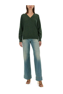 Victoria Beckham women’s dark green v-neck wool jersey sweater with soft textured knit fabric