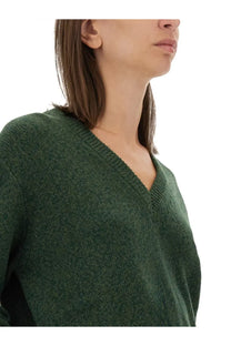 Victoria Beckham women’s wool jersey green soft deep green v-neck sweater with textured knit fabric front view