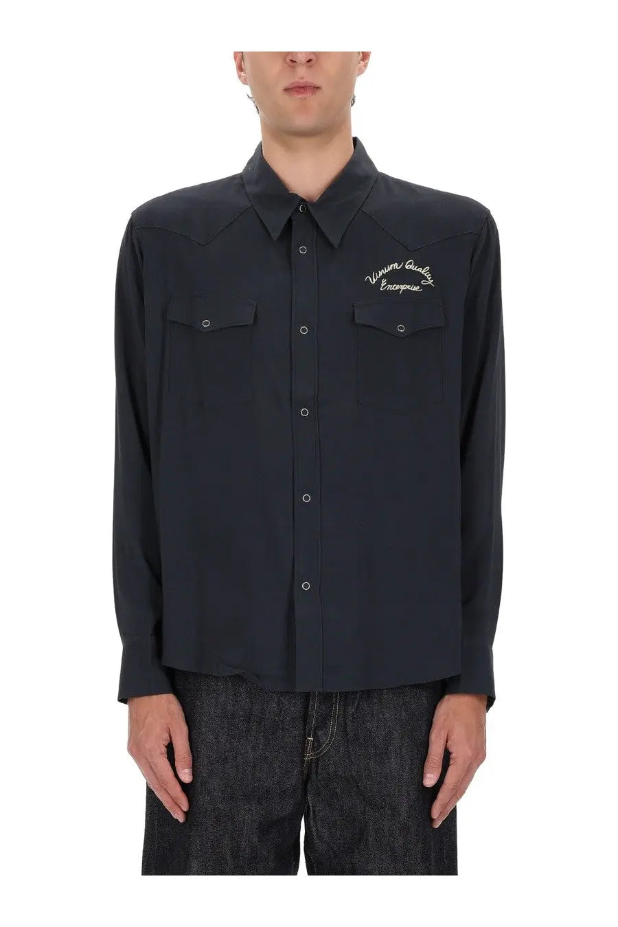 Visvim men’s four corners black long-sleeved button-up shirt with white embroidered logo and two chest pockets