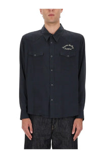 Visvim men’s four corners black long-sleeved button-up shirt with white embroidered logo and two chest pockets