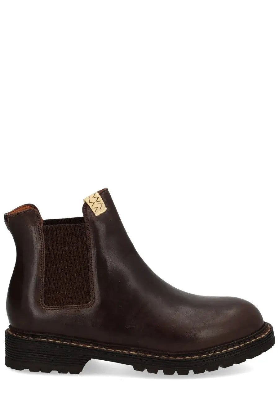 Visvim men’s leather boot brown in dark brown leather with textured rubber sole and contrasting stitching