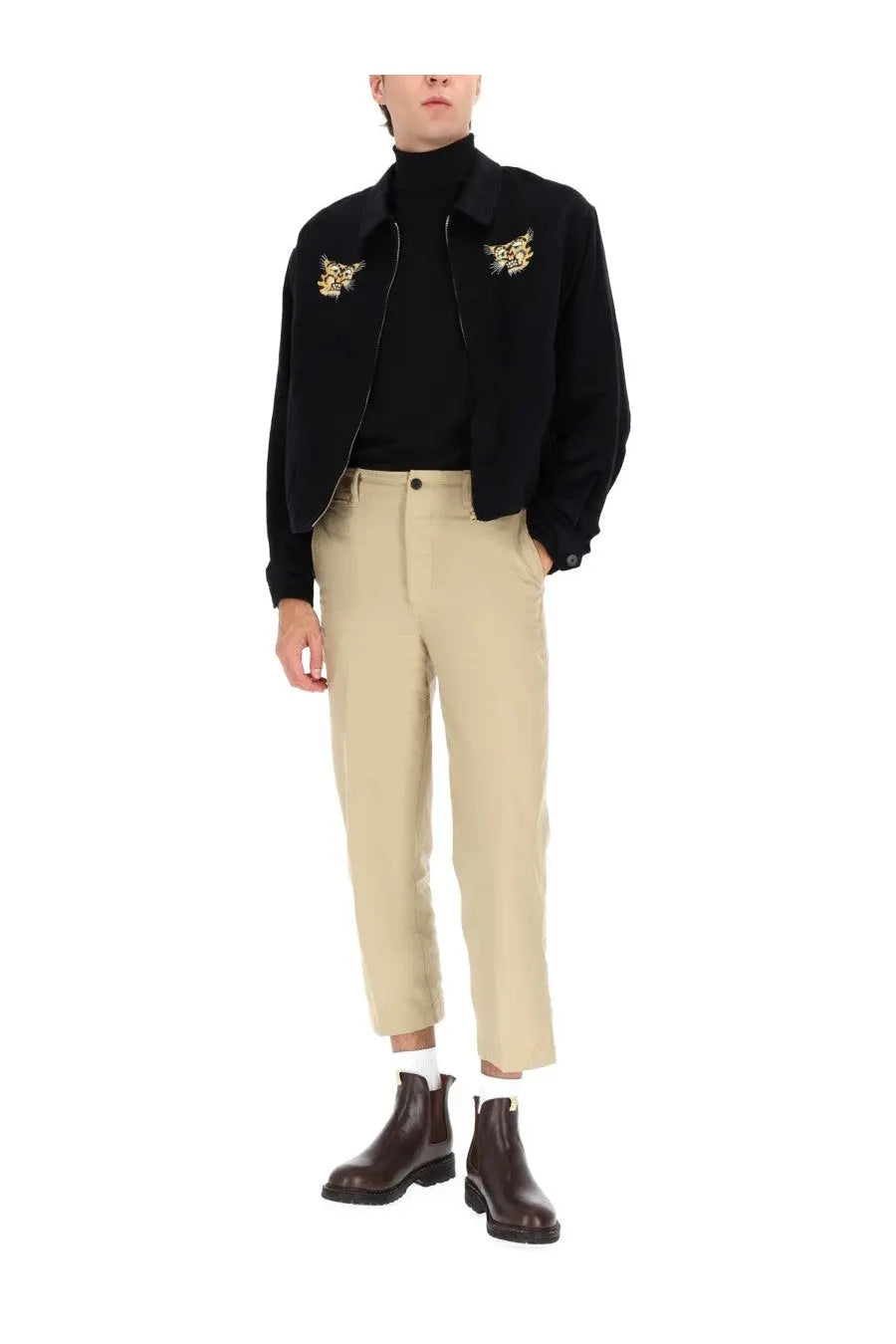 Visvim men’s norad blouson black bomber jacket with gold embroidered owl motifs on the chest