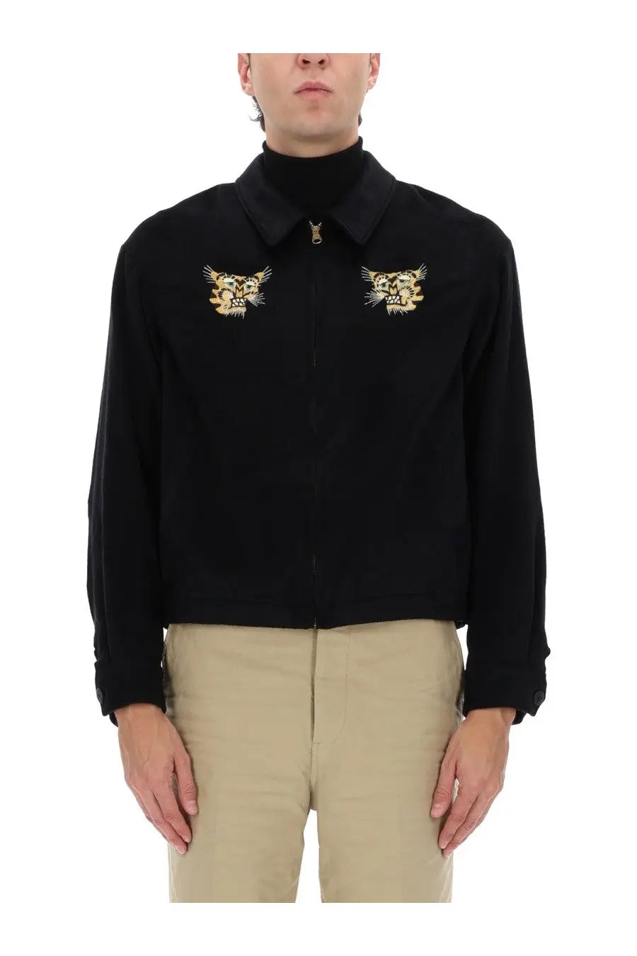 Visvim men’s Norad blouson jacket black zip-front with intricate gold-embroidered tiger motifs on the chest