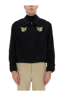 Visvim men’s Norad blouson jacket black zip-front with intricate gold-embroidered tiger motifs on the chest