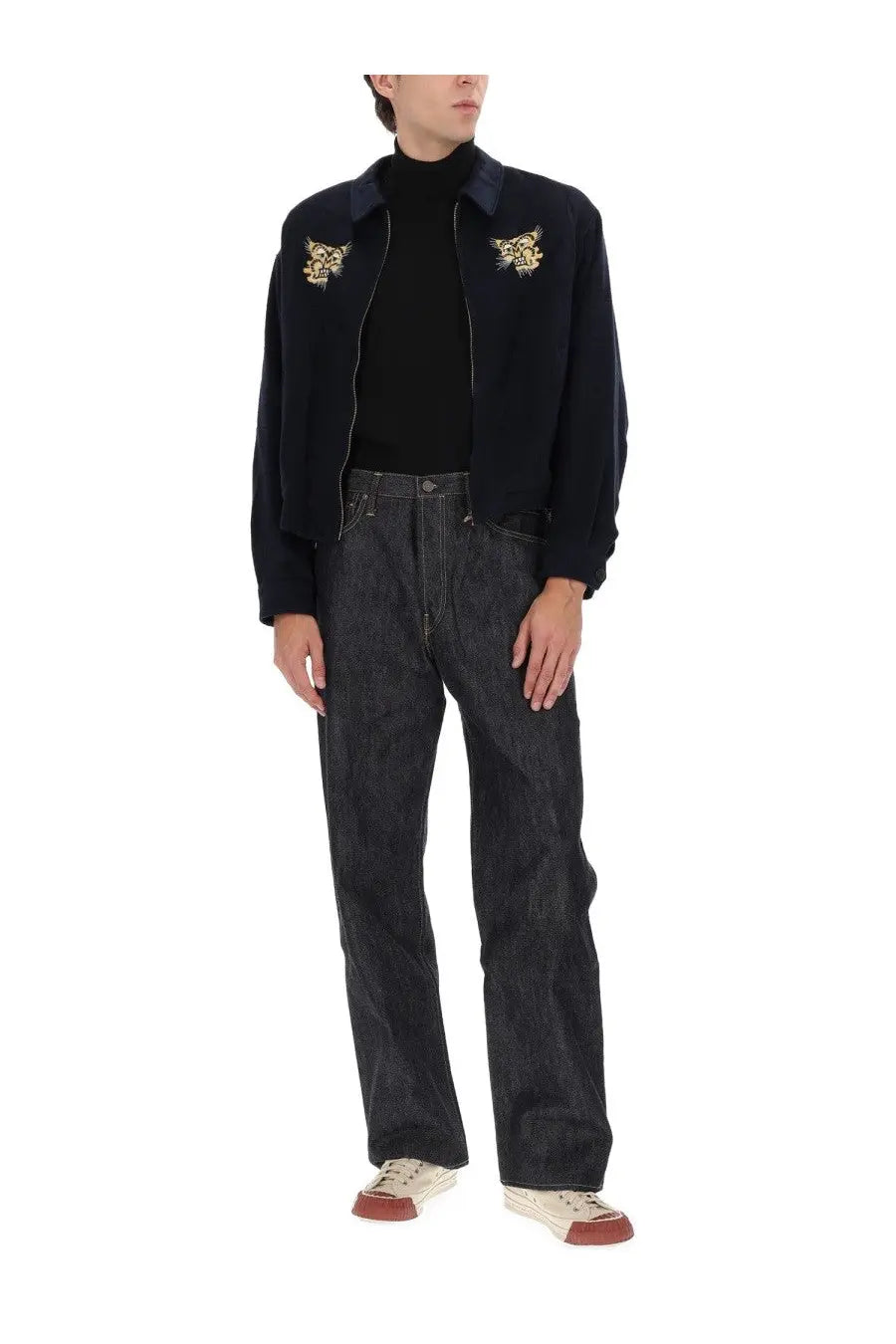 Visvim men’s norad blouson jacket blue black bomber jacket with gold embroidered tiger patches on the shoulders