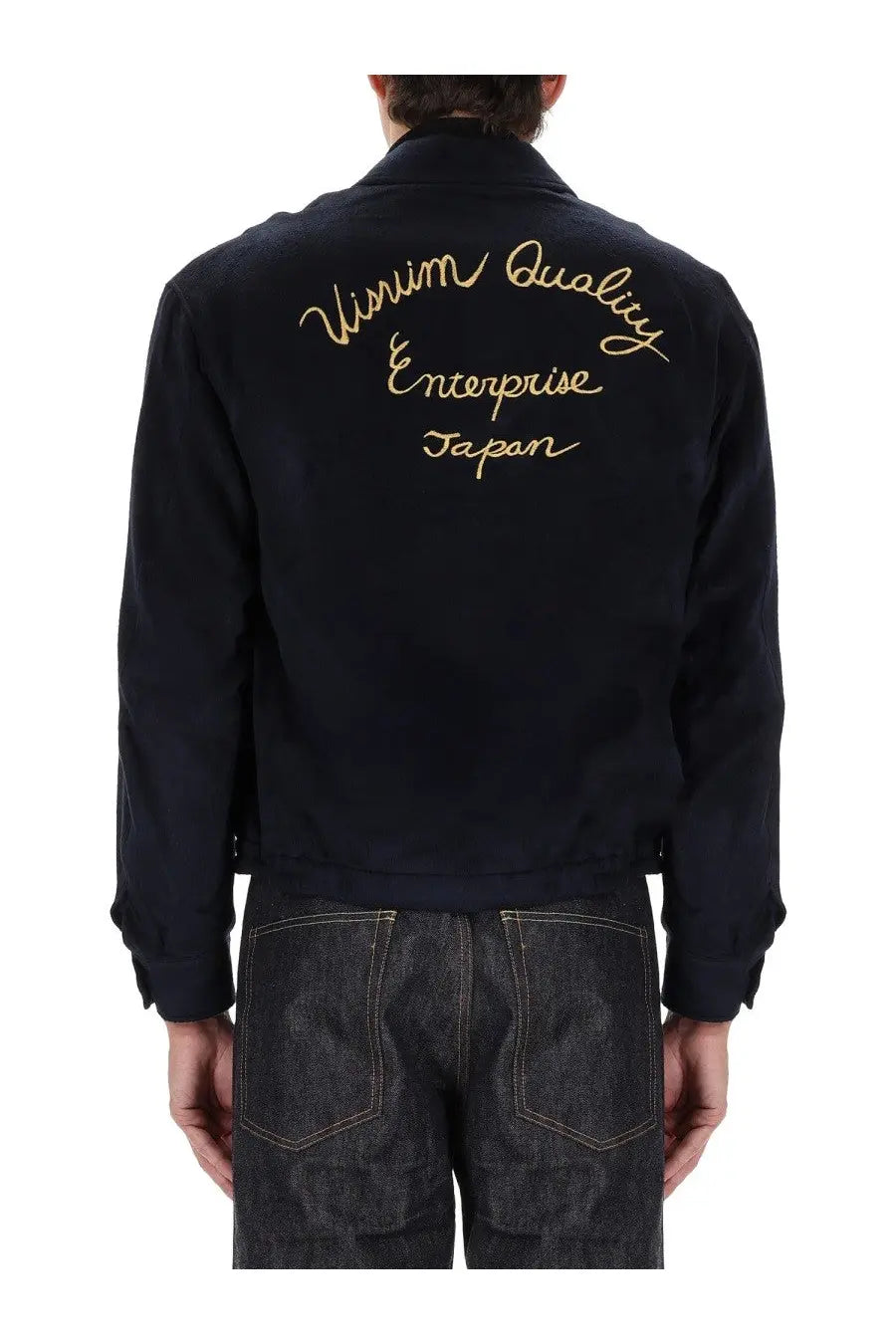 Back view of visvim men’s norad blouson jacket blue black denim with gold embroidered vinum quality enterprise japan text