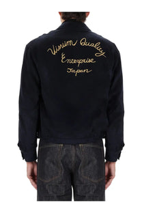Back view of visvim men’s norad blouson jacket blue black denim with gold embroidered vinum quality enterprise japan text